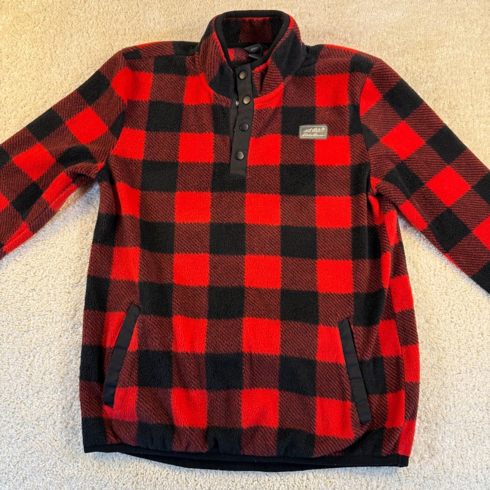 Eddie‎ Bauer Youth Fleece Pullover 1/4 Snap Buffalo Plaid Red Black SZ M (10/12)